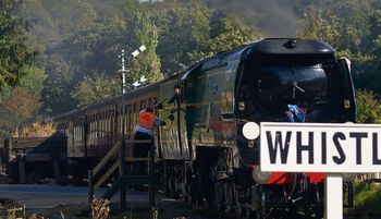 Steam train key exchange This landscape photograph, taken in the morning during the autumn season of 2018, captures a steam train at the moment of its key exchange on the North Yorkshire Moors Railway in the rural United Kingdom. The scene shows a member of railway staff reaching up from a platform to a train crew member as they exchange the token required for single-track working, which is a classic example of transport operations on heritage railways. The steam train, pulling a row of maroon carriages, is set against a backdrop of green trees, typical of the North Yorkshire Moors area, with signals and a prominent "WHISTLE" sign in the foreground enhancing the authentic rural railway setting.